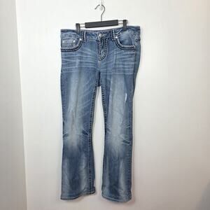 Miss Me Women's Embroidered Bootcut Stretch Low Rise Distressed Jeans Size 30